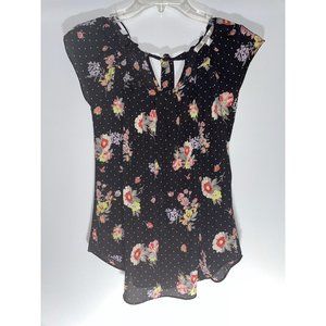 Lauren Conrad Women's Black Sheer Blouse Size S Floral Pleated and Polka Dots.